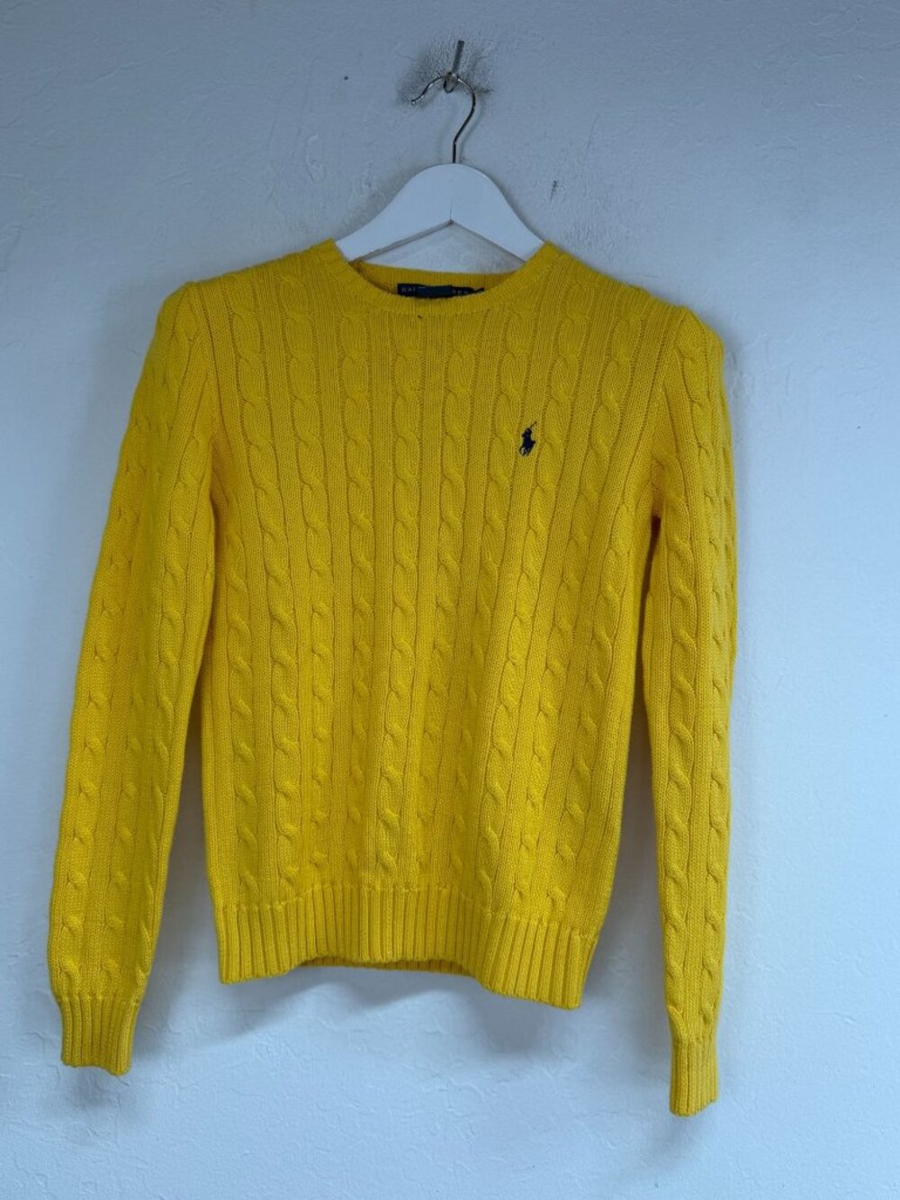 Ralph Lauren Black Label Womens Yellow Cable Knit Crewneck Sweater Cotton Medium